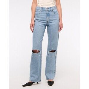 NEW Abercrombie Womens 32 14S Curve Love Loose High Rise Jeans Medium Destroy